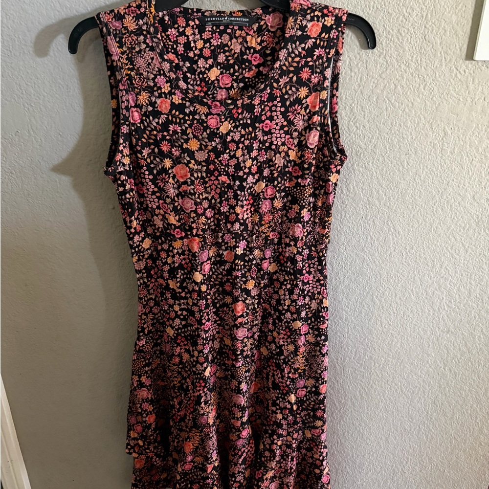 Peruvian Connection floral cotton, mini dress size small fit flare black pink